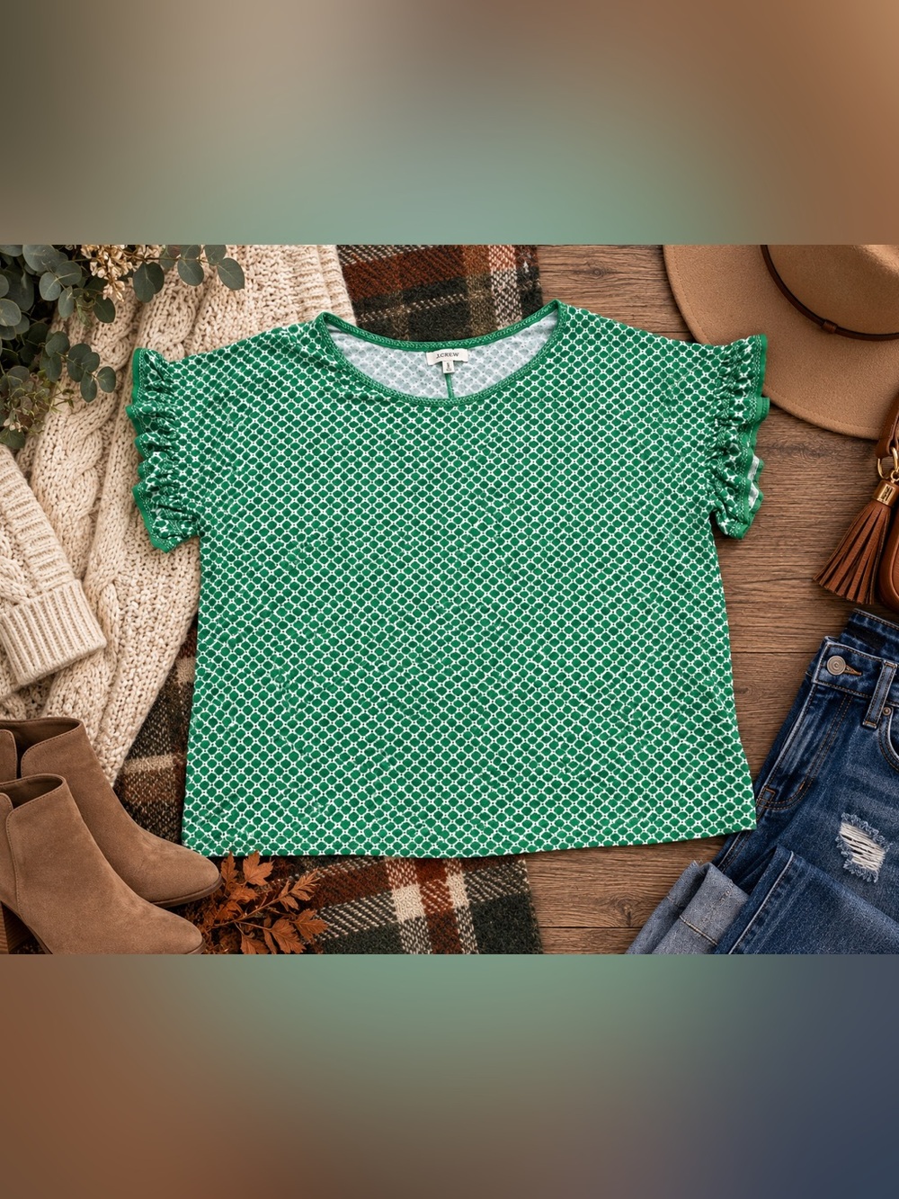 Max Studio Green White Geometric Flutter Sleeve Blouse Women’s 2X Plus Size